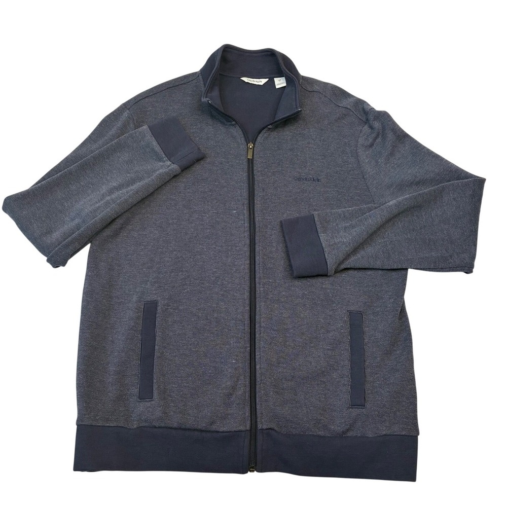 Calvin Klein Full Zip Sweater Mens Large Navy Blue Heather Mock Neck Casual Logo
